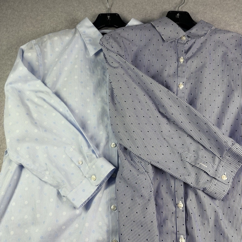 Lands End Lot Of 2 Tops Women's 16 Blue Polka Dot Striped 3/4 Sleeve Button Up